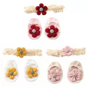 Детские носки, комплект из 2 шт./компл., комплект с повязкой на голову с бантом, милая кружевная повязка для волос с цветком для новорожденных, мягкая хлопковая эластичная резинка для девочек, детские аксессуары для волос M