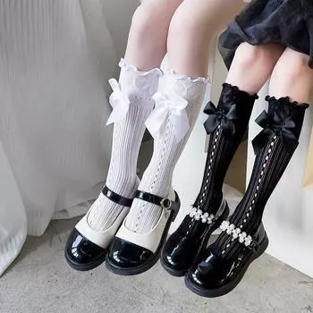 Детские носки, летние носки в стиле Лолиты с деревянными ушками и сетчатой лентой, носки средней длины с большим бантом для девочек