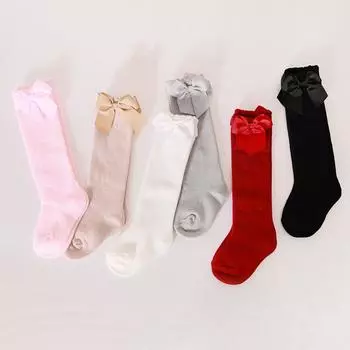 Детские носки, носки средней длины для девочек, однотонные детские носки с бантом S