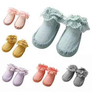 Детские носки, обувь, хлопковая подошва, кружевные носки с бантом, домашняя одежда, обувь для обучения малышей, нескользящие напольные носки для малышей, 0–18 месяцев 12