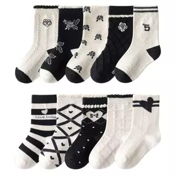 Детские носки с цветочным рисунком, милые носки с цветочным рисунком для девочек, комплект из 10 пар, белые [GLASS FROG] (XL20-23см Черный)