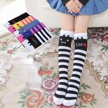 Детские носки с изображением кошки. Хлопковые чулки выше колена. Чулки средней высоты. Хлопковые чулки. Длинные носки без ворса. 42CM,4-12years old