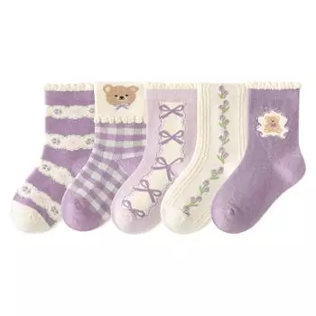 Детские носки с милой лентой и вишневым сердечком, комплект из 5 пар, носки для девочек и мальчиков длиной до щиколотки [GLASS FROG] Nico-chan для детей (5. Фиолетовый медведь, XL18-22см)