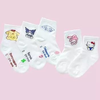 Детские носки Sanrio (5 типов смешанных) Носки для девочек Подарок в детском саду Pom Pom Purin Hello Kitty Cinnamoroll My Melody Kuromi Детские носки