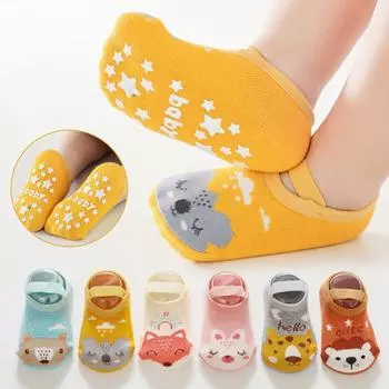 Детские носки-тапочки с мультяшными животными и резиной, мягкие хлопковые носки с нескользящей подошвой для мальчиков и девочек, летние носки до щиколотки для малышей жёлтый