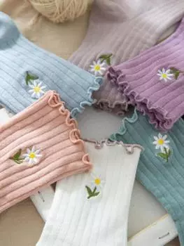 Детские носки Тонкие хлопковые носки средней длины Детские носки с вышивкой в виде цветка маргаритки One Size