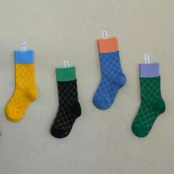 Детские носки, винтажные клетчатые носки до середины икры для мальчиков и девочек, классические носки контрастного цвета в сетку, детские длинные носки, От 1 до 5 лет M синий