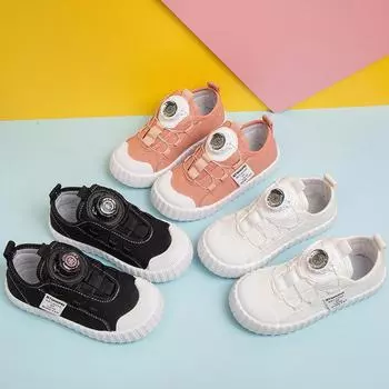 Детские однотонные дышащие парусиновые туфли Four Seasons с вращающейся пряжкой, маленькие белые туфли для девочек, школьная повседневная обувь для выступлений 26 чёрный