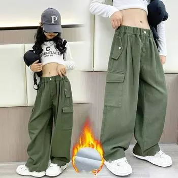 Детские осенне-зимние бархатные толстые прямые брюки, теплые повседневные брюки на открытом воздухе 150 зелёный