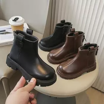 Детские осенне-зимние модные ботинки, теплые зимние ботинки для младенцев, девочек и мальчиков, повседневная обувь, высокое качество, кожаные ботинки в стиле ретро 36 чёрный
