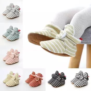 Детские осенне-зимние полосатые теплые прогулочные туфли на мягкой подошве для новорожденных дошкольников, мальчиков и девочек в возрасте 0–1 года, можно носить хлопковую обувь 12cm хаки