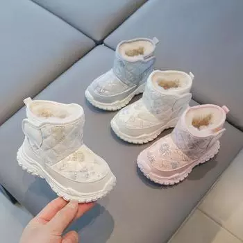 Детские осенне-зимние теплые толстые нескользящие лакированные кожаные непромокаемые зимние ботинки для мальчиков и девочек с мягкой подкладкой из хлопка 30 белый