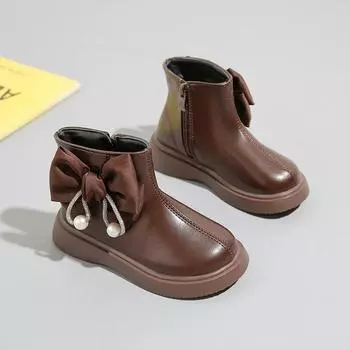 Детские осенние ботинки для девочек, милые универсальные модные ботинки принцессы, элегантные шикарные детские повседневные ботильоны с бантом, простые 21 чёрный
