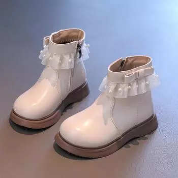 Детские осенние ботинки, милые кружевные ботинки для девочек, принцессы, модные, элегантные, повседневные, детские, универсальные, кожаные ботинки с толстой подошвой 26 чёрный