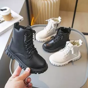 Детские осенние ботинки, однотонные школьные ботинки из искусственной кожи для девочек, модные черные, бежевые, универсальные, детские повседневные ботинки с круглым носком 26 чёрный