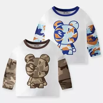 Детские осенние футболки с длинными рукавами и круглым вырезом из мультфильма с камуфляжным принтом, топы 90cm