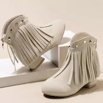 Детские осенние сапоги, модные туфли принцессы с кисточками, на низком каблуке, для подростков, для девочек, на вечеринку, свадьбу 27 бежевый