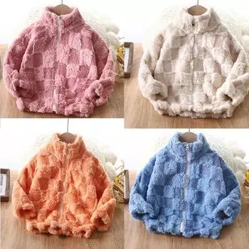 Детские пальто Флисовое пальто для детей Клетчатый узор Толстый кардиган на молнии с воротником-стойкой Зимняя одежда для маленьких девочек 90cm серый