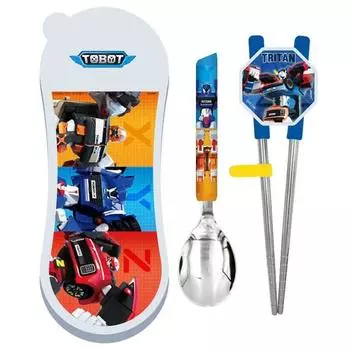 Детские палочки для еды Lilpang Tobot Kinder из нержавеющей стали Lilpang Spin Puzzle Футляр для ложек, набор из 3 предметов, разные цвета, ложка+палочки для еды+футляр, 1 комплект