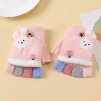 Детские перчатки без пальцев с откидным верхом на осень и зиму, детские теплые перчатки с плюшевой подкладкой для письма, толстые вязаные перчатки