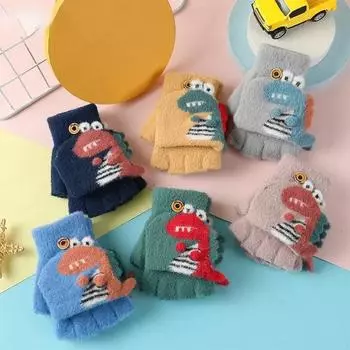 Детские перчатки Kawaii с рисунком Дино, откидные перчатки с половиной пальца для мальчиков и девочек, детские зимние теплые перчатки для письма, От 3 до 6 лет
