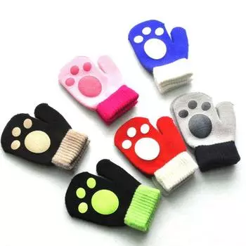 Детские перчатки с милым принтом и принтом, зимние вязаные теплые перчатки с длинными пальцами, однотонные варежки для мальчиков и девочек, От 1 до 4 лет чёрный