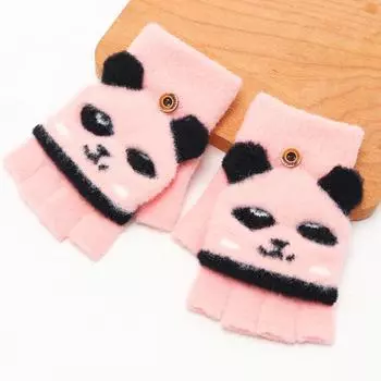 Детские перчатки с откидным верхом, плюшевые, утолщенные, теплые, на осень и зиму, детские, полупальцевые, для письма, детские, антифризы, с рисунком панды из мультфильма average size