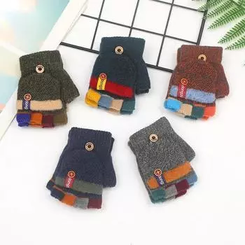 Детские перчатки с половиной пальца, жаккардовые цветные осенне-зимние теплые перчатки для детей, студенческие детские перчатки для письма