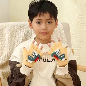 Детские перчатки Зимние теплые перчатки Студенческие бархатные вязаные перчатки с пальцами Милые перчатки с изображением динозавра из мультфильма на половину пальца