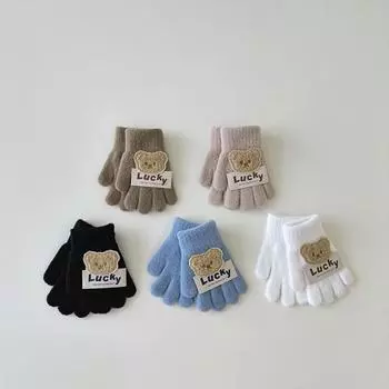 Детские перчатки, зимние теплые плюшевые вязаные варежки, однотонные детские перчатки с рисунком медведя из мультфильма для мальчиков и девочек, для детей от 3 до 7 лет бежевый