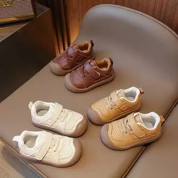 Детские первые ходунки, дышащая детская кожаная обувь, нескользящая детская повседневная спортивная обувь, универсальная, весна-осень 2024, новинка 17 коричневый