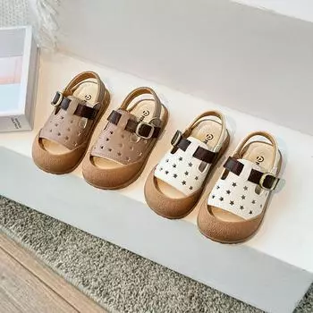 Детские первые ходунки, нескользящая мягкая подошва, детская летняя пляжная обувь, детские сандалии с полыми носками и звездами, все подходят 22 хаки