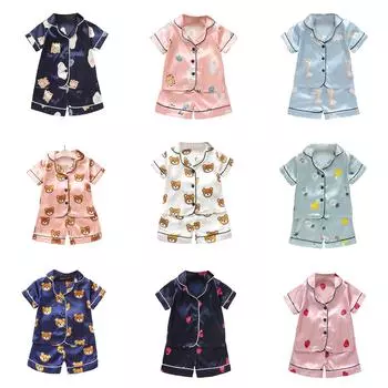 Детские пижамы для мальчиков и девочек, атласная одежда из двух предметов, летняя одежда с короткими рукавами + шорты M тёмно-синий