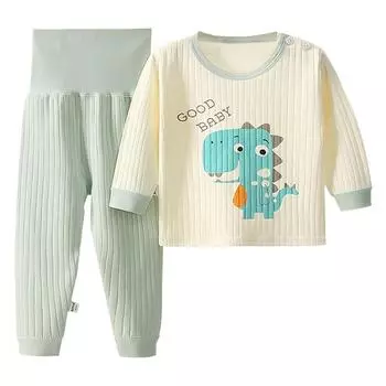 Детские пижамы, осенне-весенний хлопковый комплект одежды для сна с рисунком динозавра для маленьких мальчиков и девочек, топ с длинными рукавами, штаны с высокой талией 80