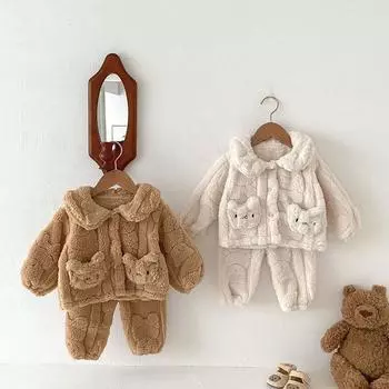 Детские пижамы, осенне-зимний комплект из утолщенного флиса, детский комплект с лацканами Xiao Xiong Shu, хлопковый флисовый комплект детской домашней одежды 100cm