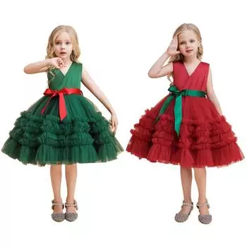 Детские платья для девочек, платье без рукавов с v-образным вырезом, сетчатые пышные платья принцессы, торжественное вечернее платье, рождественское платье 6Y