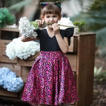 Детские платья для девочек с леопардовым принтом и V-образным вырезом Детские платья принцессы со шлейфом Костюмы для выступлений с принтом 100cm