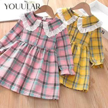 Детские платья для девочек в консервативном стиле, детское хлопковое клетчатое платье, детское кружевное платье с длинными рукавами, одежда для девочек-подростков от 24 месяцев до 12 лет