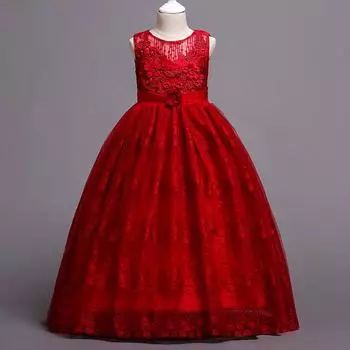 Детские платья Кружевные платья для девочек Платья Свадебные платья Для детей среднего и большого возраста Однотонные платья для принцесс Платья 120cm розовый