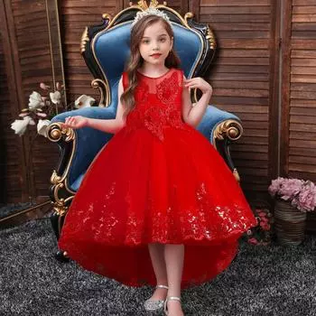 Детские платья Платья принцесс Свадебные пончо Кружевной хвост Вышитые пианино Рождественские костюмы для выступлений 110cm красный