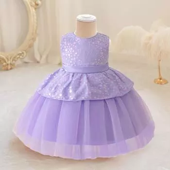 Детские платья с блестками для первого дня рождения, Элегантное Тюлевое праздничное платье принцессы для детей, церемония выпускного вечера, свадебный бант, детская одежда 6-9M фиолетовый