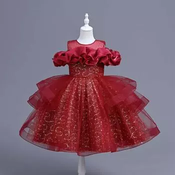Детские платья, стильные платья принцесс, юбки с пайетками, костюмы для выступлений для детей среднего и старшего возрастаЮбки для девочек 100 красный