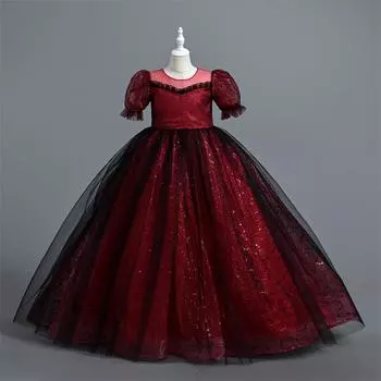 Детские платья, стильные платья принцесс, юбки с пайетками, костюмы для выступлений для детей среднего и старшего возрастаЮбки для девочек 130 винный