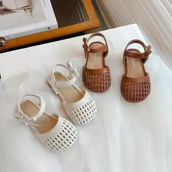 Детские плетеные сандалии 2024 года, летние новые британские пляжные туфли для девочек с милым узлом, детские мягкие полые элегантные универсальные сандалии 22 бежевый