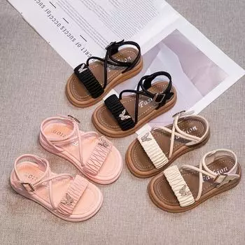 Детские плиссированные сандалии принцессы, сандалии для девочек со стразами и модными вырезами в виде бабочки, детская летняя пляжная обувь Cross 28 чёрный