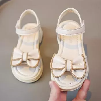 Детские пляжные сандалии для девочек с открытым носком и бантом, универсальные повседневные, летние 2024, универсальные, модные, шикарные туфли принцессы для свадьбы 26 чёрный