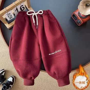 Детские плюшевые брюки осень-зима винно-красные брюки для детей утолщенные теплые повседневные спортивные брюки для мальчиков бархатные спортивные брюки 80 вино красного