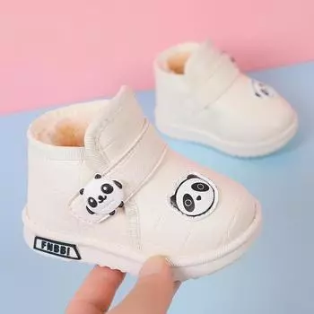 Детские плюшевые теплые зимние ботинки для девочек с рисунком панды, детские туфли для малышей, милые повседневные ботинки из искусственной кожи для мальчиков на липучке, дропшиппинг 17 чёрный