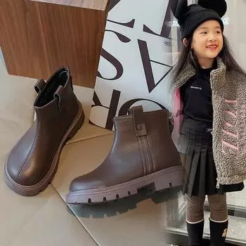 Детские полусапожки, новые зимние однотонные мягкие черные кожаные сапоги для девочек, детские ботильоны «Мартенс» 26 чёрный