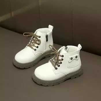 Детские повседневные ботинки Маленький карман Детские кожаные ботинки Боковая молния 2025 Осень Зима Новые Мальчики Девочки Короткие ботинки Мягкая подошва 21 бежевый